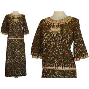 Vintage 70s Embroidered Batik Blouse & Wrap Skirt Set, Two Piece Ensemble, XS S